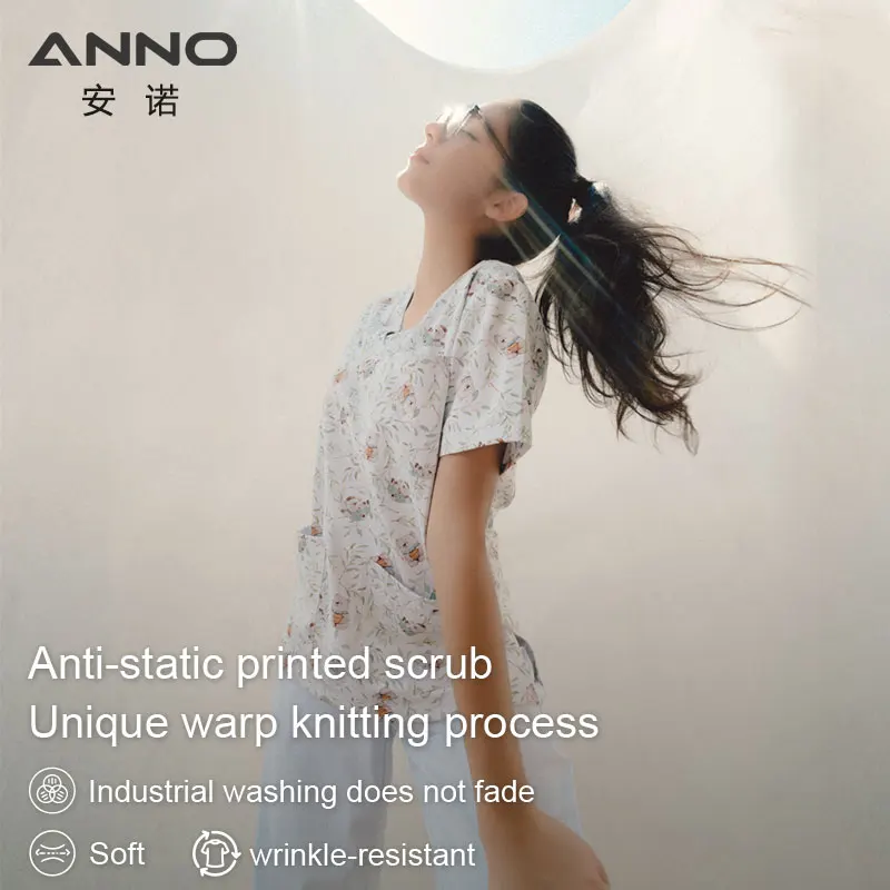 

ANNO Soft Scrub Anti-static Warp Knitted Not Stick Hair Fabrics Nursing Uniform for Women Men 99% Polyester 1% Carbon Fiber