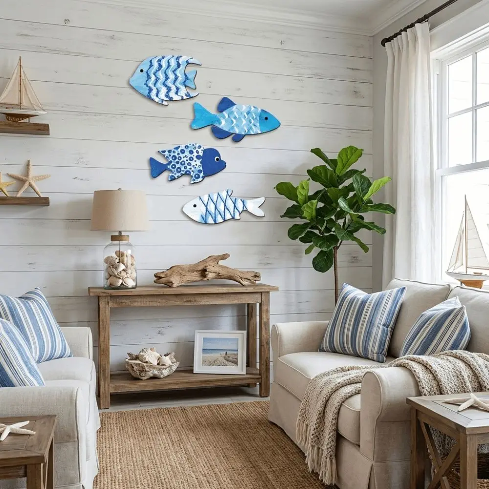 Marine Style Wooden Fish Wall Decor School of Fish Rustic Carving Fish Pendant Ocean Theme Handcrafted Fish Hanging Decor