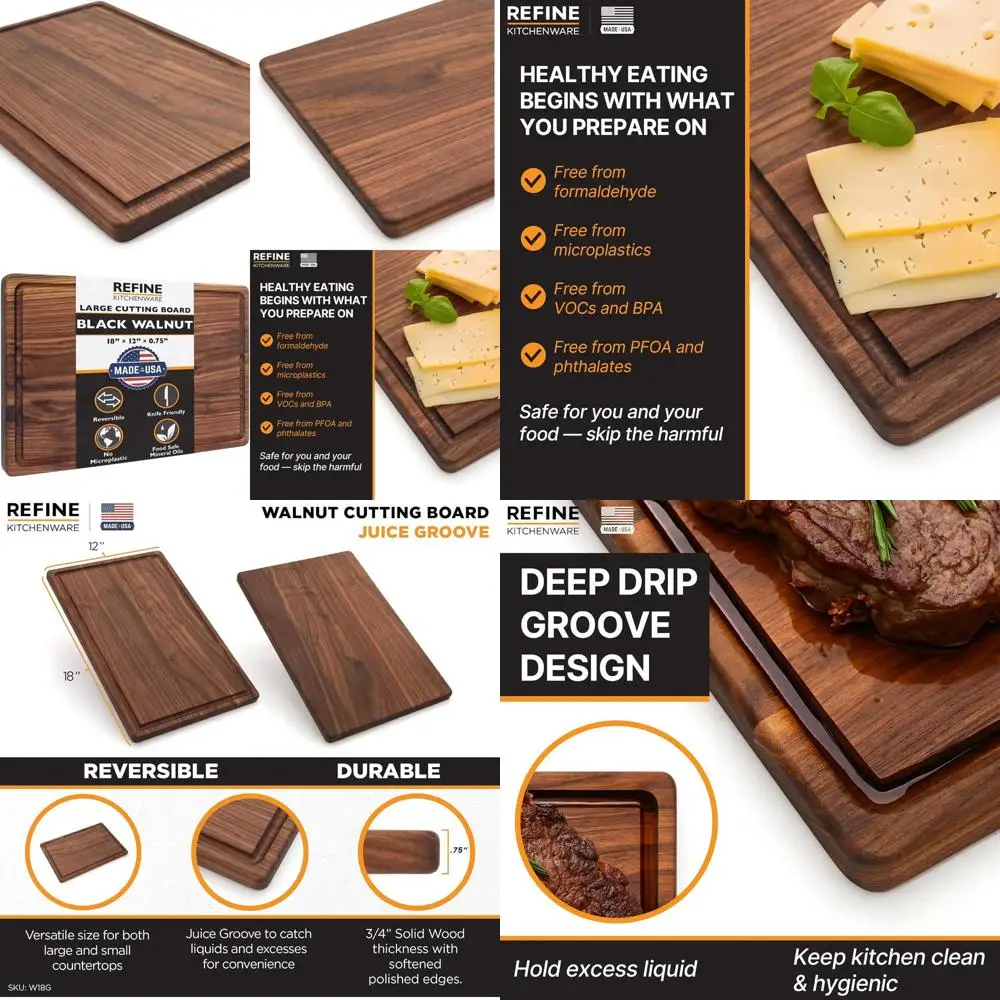 

Reversible 18x12 Inch Walnut Butcher Block with Juice Groove, Natural Heavy-Duty Kitchen Cutting Board, Made in USA