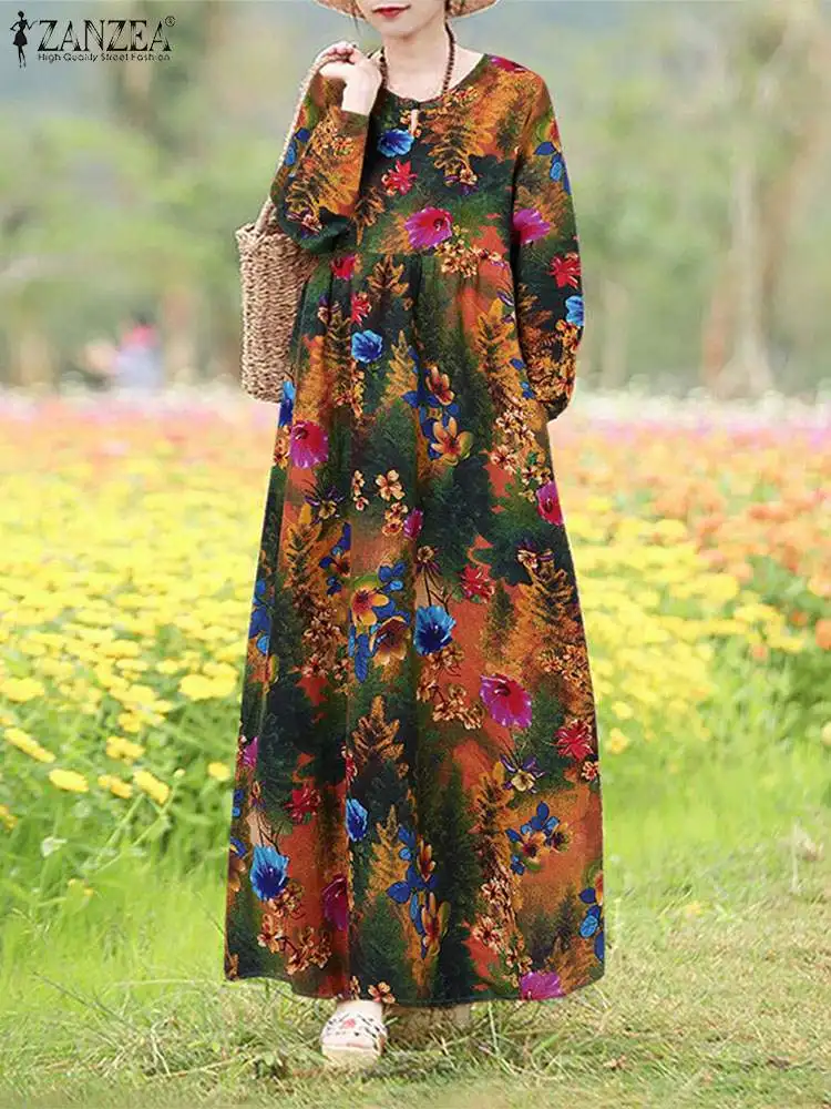 2024 Autumn Floral Printed Dresses ZANZEA Women Vintage Long Sleeve Baggy Sundress Robe Femme Stylish Holiday Vestidos Sarafans