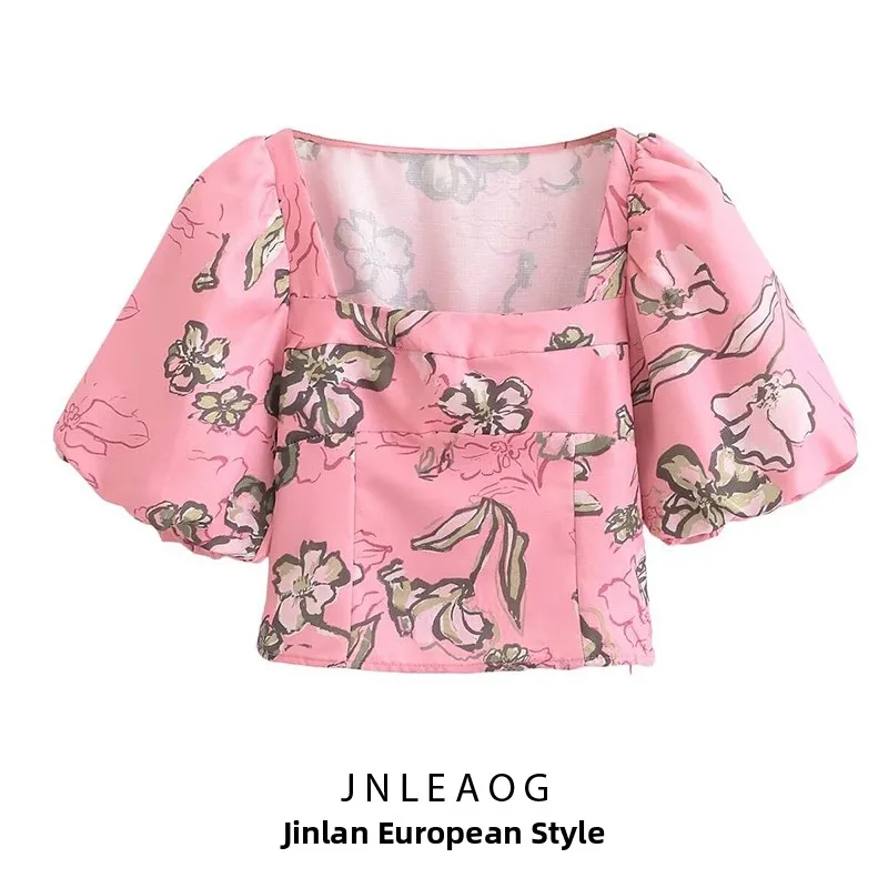 Faionable Mixed Media Printed Women's irt JNLEAOG Autumn New Sle Loose Fit ort Sve Square Collar Casual Top