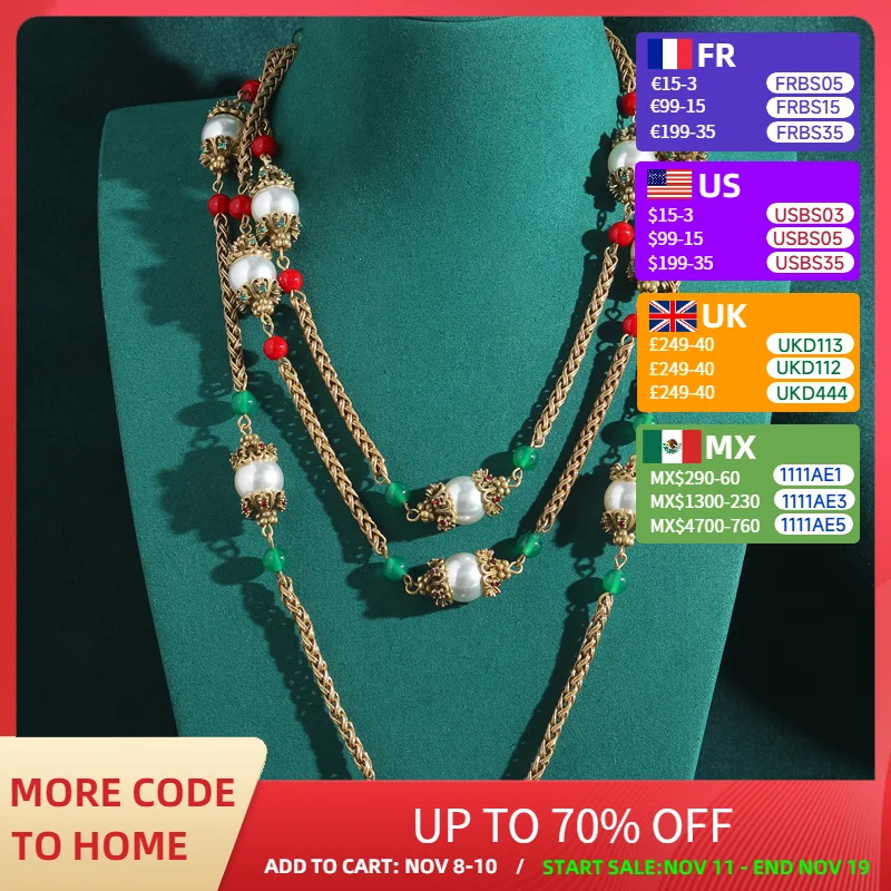 

Vintage Layered Necklaces Pearl Jewelry Luxury Dubai Princess Designer Women Green Natural Stone Antique Gold Color Statement