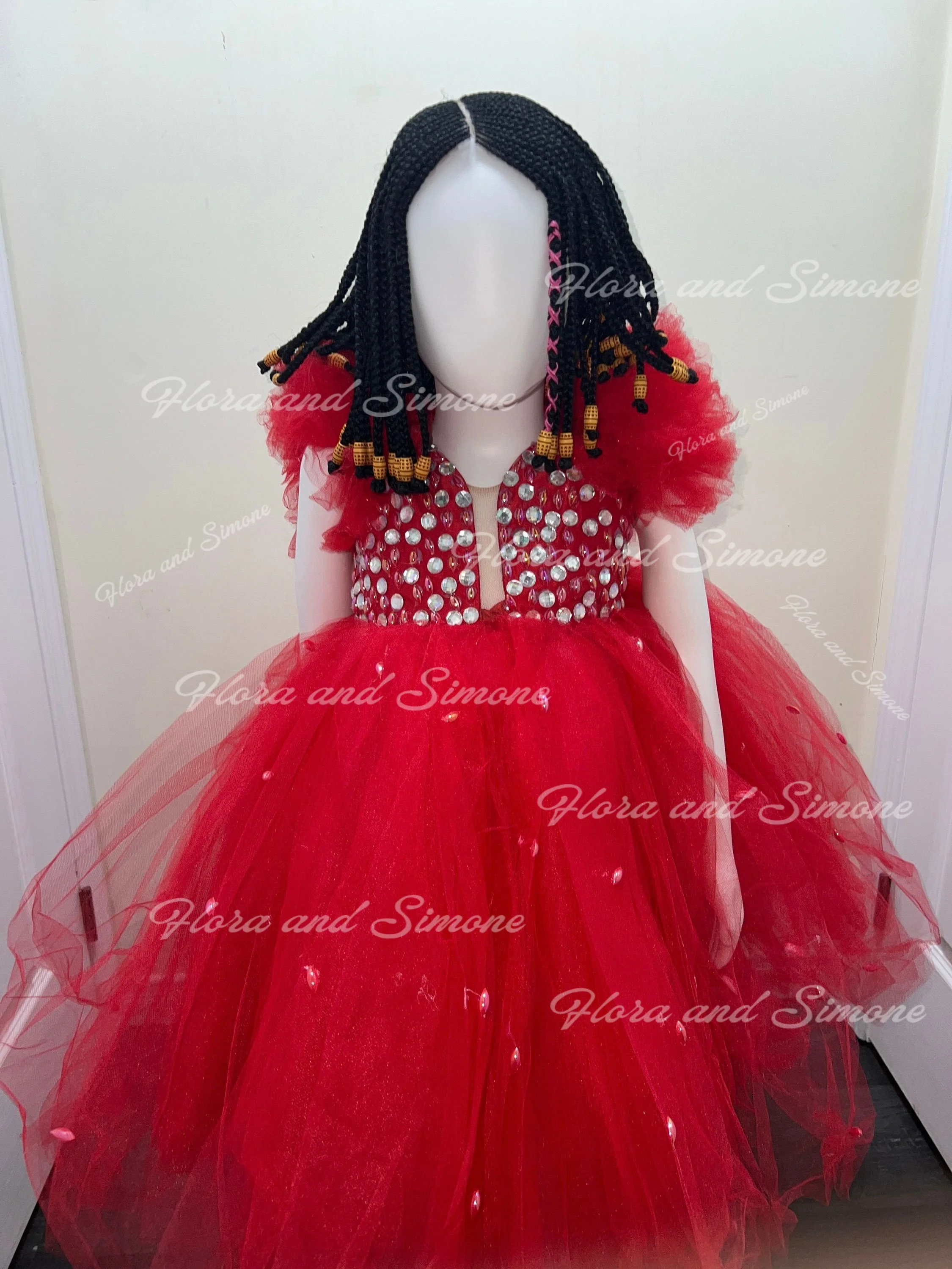 Customized Rose Red Flower Girl Dress For Wedding Applique Puffy Sleeveless Baby Kids Birthday Party First Communion Gowns