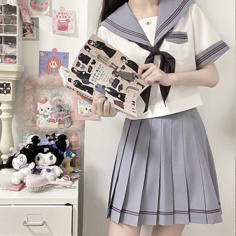 Gray Purple Three-Lines Basic JK Japanese High School Student Uniform Girl Suit Pleated Skirt Cartoon Sailor Fuku Costumes Women