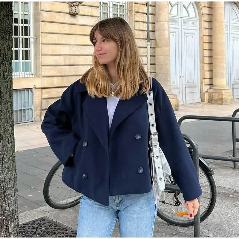 Solide Revers wolle mischt kurze Mäntel für Frauen elegante zweireihige Langarm lose Jacken 2024 weibliche schicke warme Streetwear