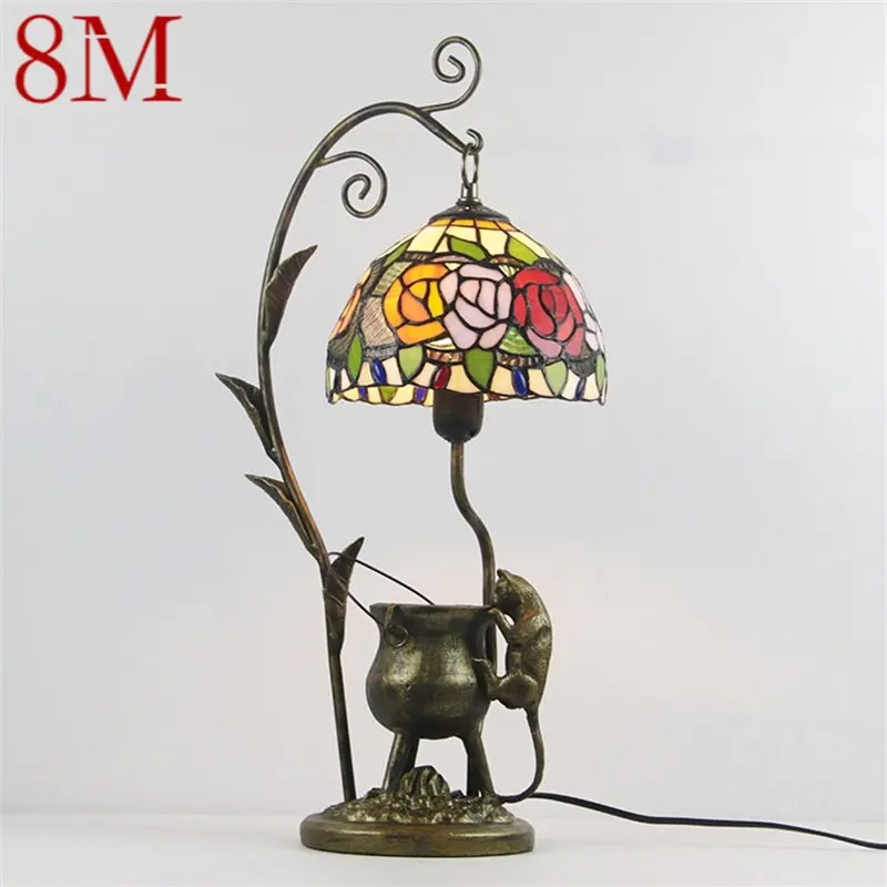 

8M Tiffany Glass Table Light LED Creative Resin Bedside Desk Lamp Flower Shape Lampshade For Home Living Room Bedroom