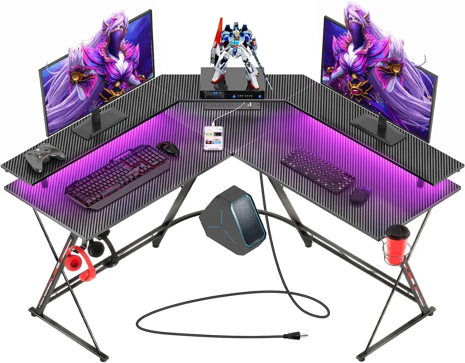 

L Shaped Gaming Desk with LED Lights & Power Outlets, 50.4” Computer Desk with Monitor Stand & Carbon Fiber Surface