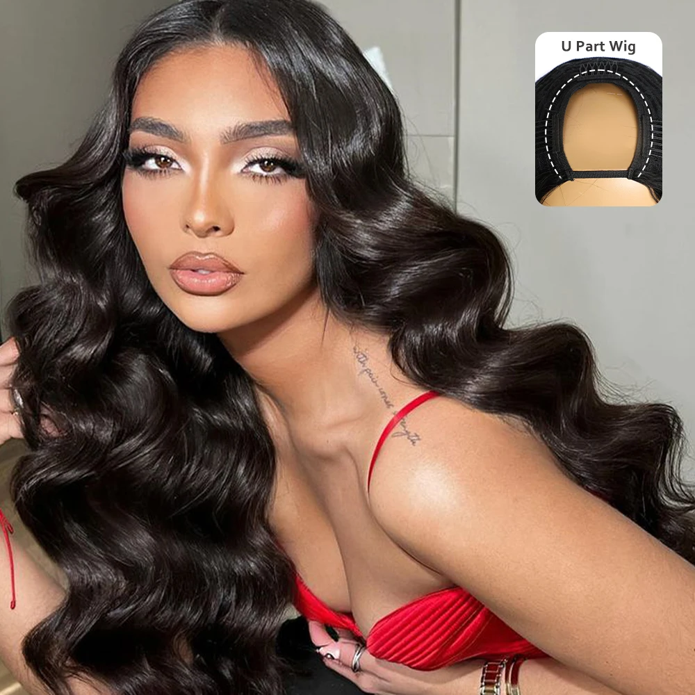 Парики Megeen U-образной формы, волнистые, маленькие, не оставляющие следов человеческие волосы, без клея, без пришивания, парики, перуанские натуральные волосы 18-30 дюймов для женщин