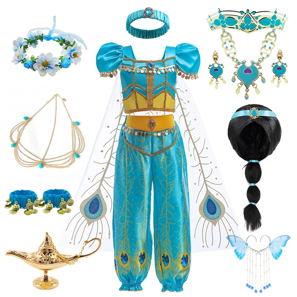 Jasmine Costume Magic Lamp Pants Set Carnival Vestidos Princess Dress Halloween Party Aladdin Cosplay Clothing Birthday Outfits