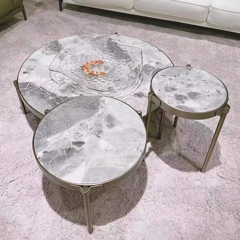 

Modern Center Metal Frame Rose Gold Stainless Steel Natural Marble Living Room Coffee Table Set