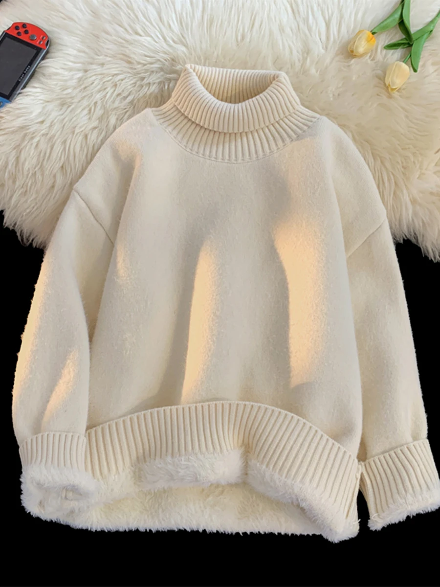 

Мужской теплый свитер с высоким воротом, на флисовой подкладке, свободного кроя, с длинными рукавами, для повседневной носки зимой, цветной