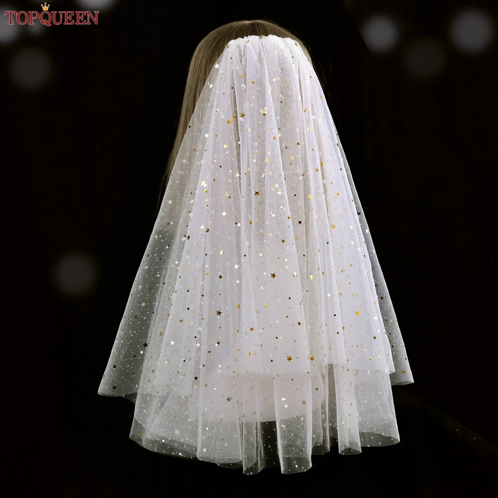 

TOPQUEEN V167C Sparking Bridal Veils Sparkly Gold Star Draped Wedding Veil Bachelorette Party Accessories Communion Girl Veil