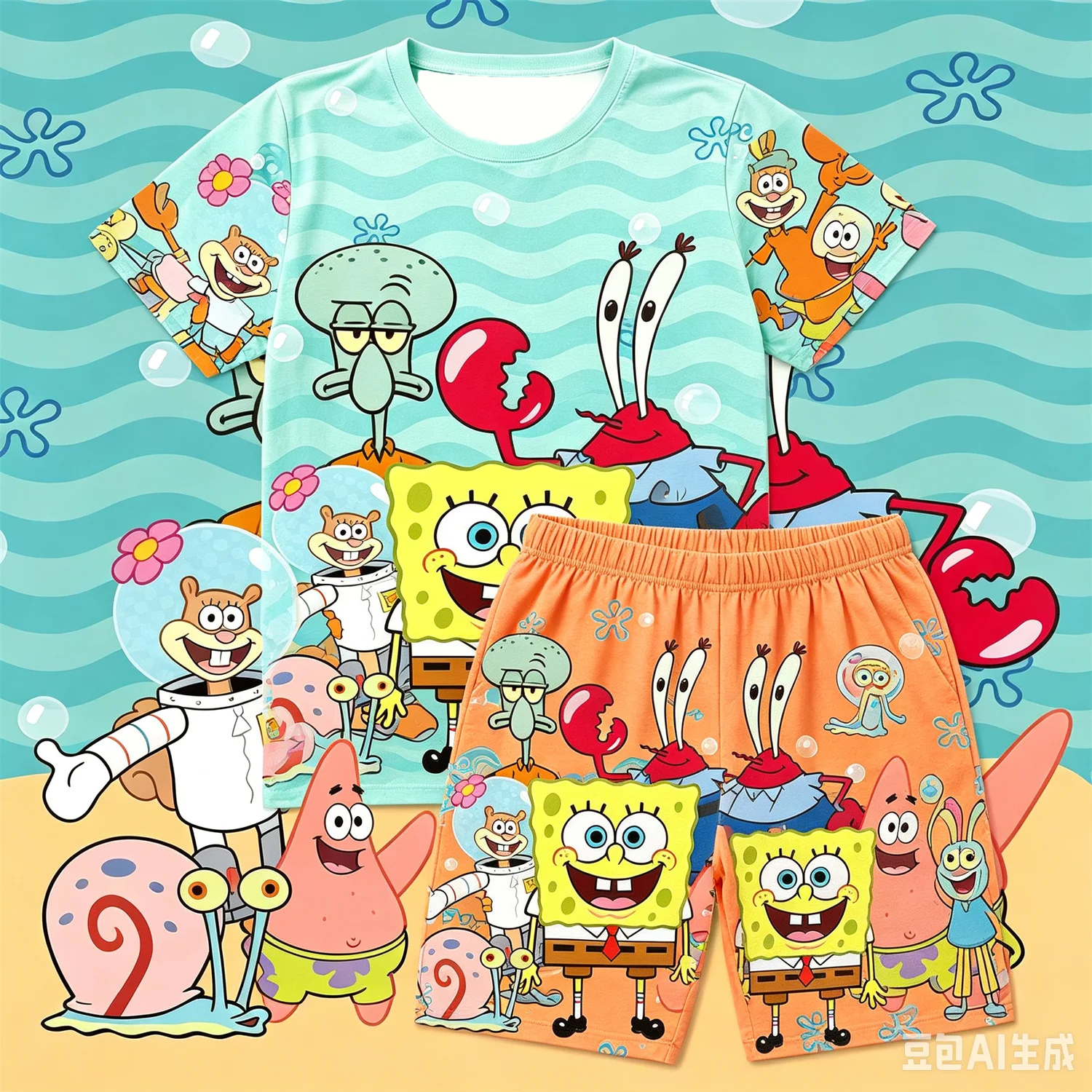 Full SpongeBob Characters Wave Print T-Shirt Shorts Set For Men Women Kids Soft Cute Anime Summer Loungewear Pajama Suit