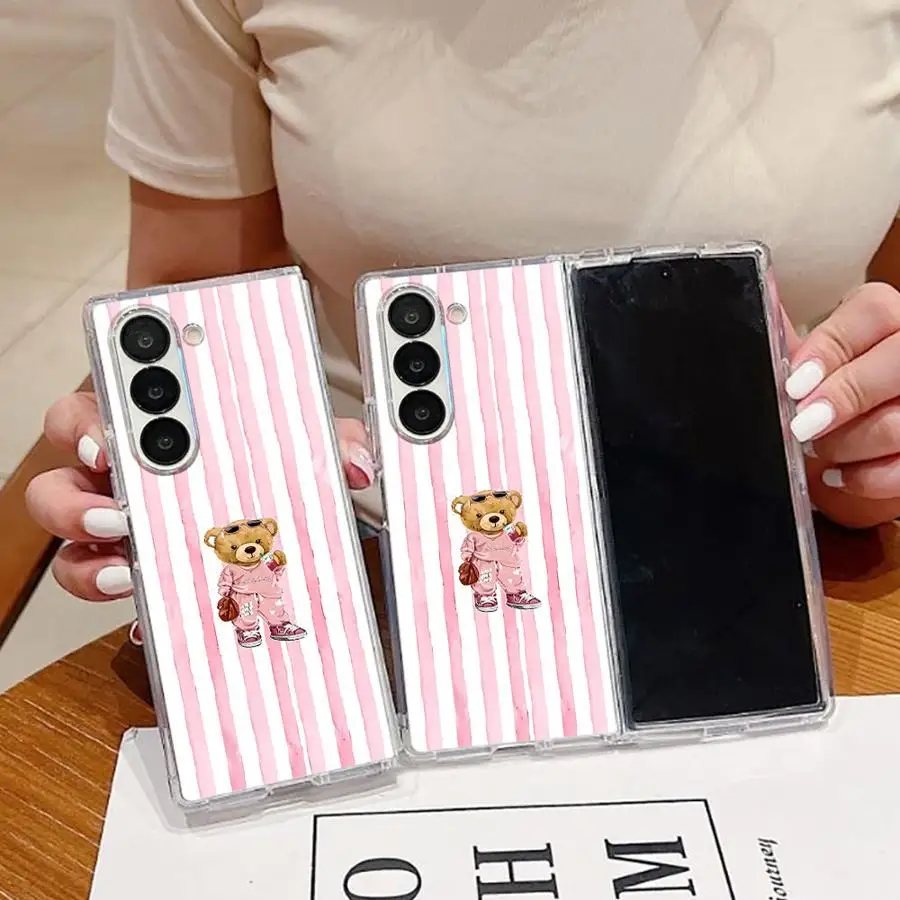 Pink Stripes Tiny Bear Phone Cover Case for Samsung Galaxy Z Fold 8 Ultra ZFold4 ZFold3 ZFold5 ZFold7 Z Fold 7 6 5 4 3 ZFold6
