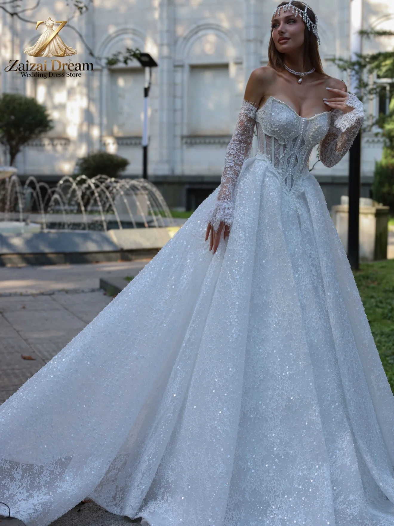 Customized Sparkle Wedding Dress Off Shoulder Long Sleeve Corset Ball Gown Beaded Lace Bridal Gown Vestido De Novia