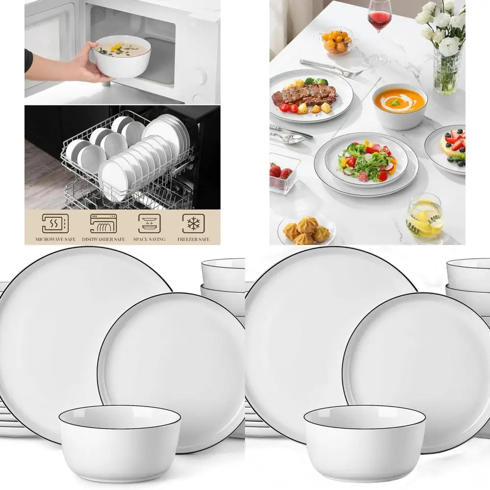 

8-Person Porcelain Dinnerware Set, LEXI Series, High-Fire, Microwave & Dishwasher Safe, White with Black Rim
