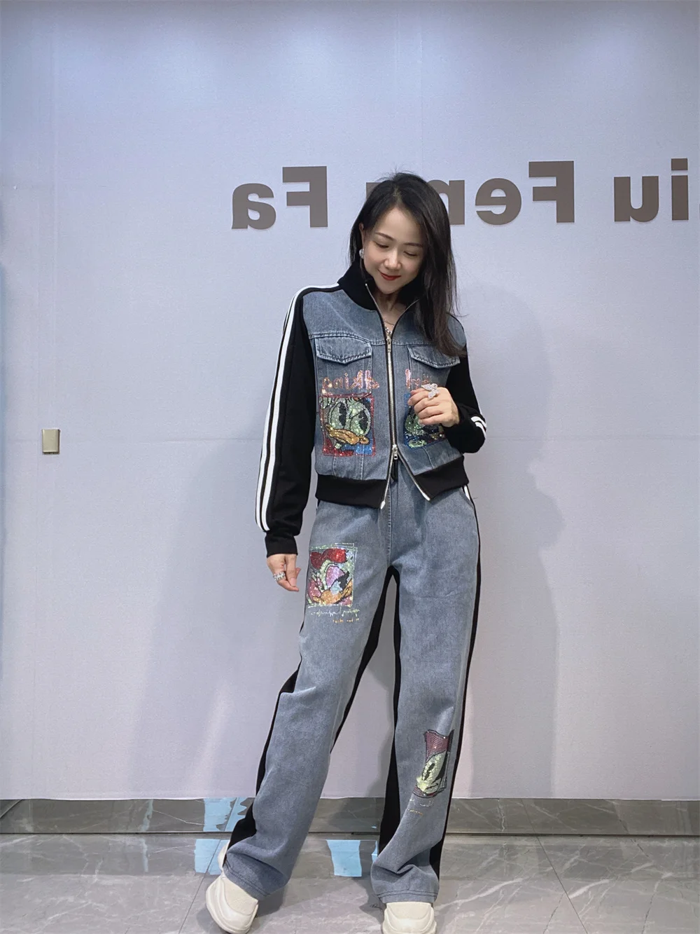 Women's Short Zipper Cardigan Long Sleeve Denim Set Casual Sportswear Autumn Fashion Two-Piece Suit with Long Pants And Rhine...