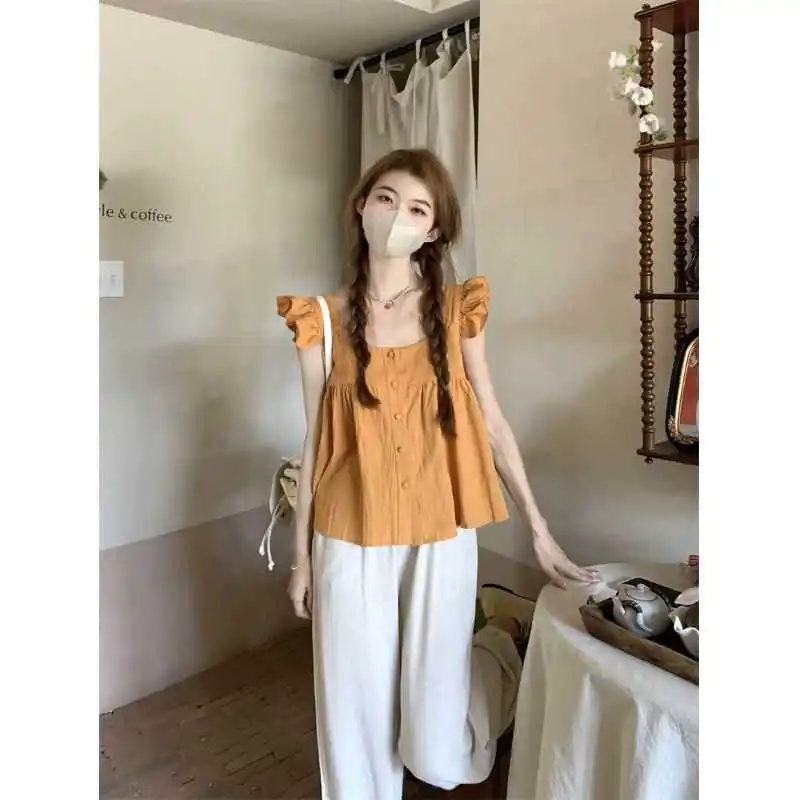 بلوزة نسائية صيفية جديدة بتصميم مطوي أنيق، فضفاضة ونحيفة، قميص كاجوال مريح وقابل للتنفس من القطن