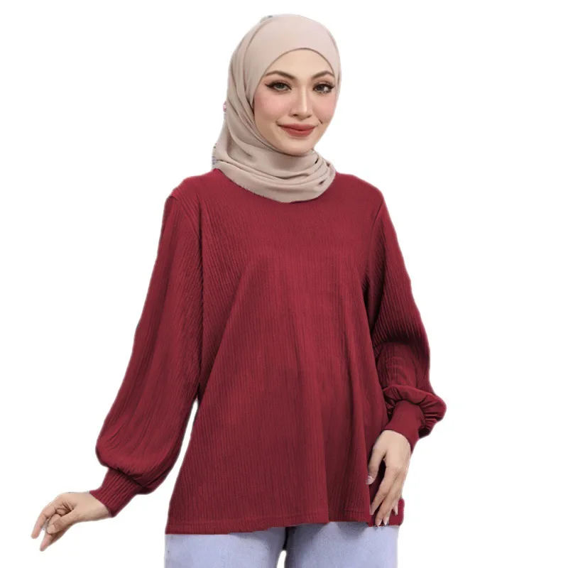 2023 Modest Kaftan Pleated Fabric Loose Solid Long Sleeve Shirt Coat Muslim Apparel Loose Shirt Women's Top Dubai Muslim Islam