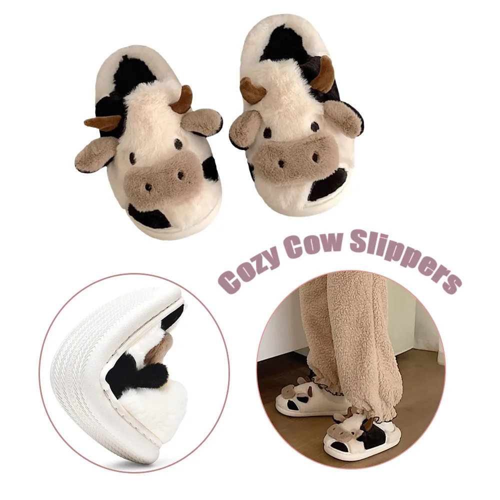 

Очаровательные плюшевые тапочки с закрытой спиной в виде коровы, удобная термостойкая домашняя обувь на флисовой подкладке для дома и улицы, женская/мужская обувь, идеально подходящая для зимы