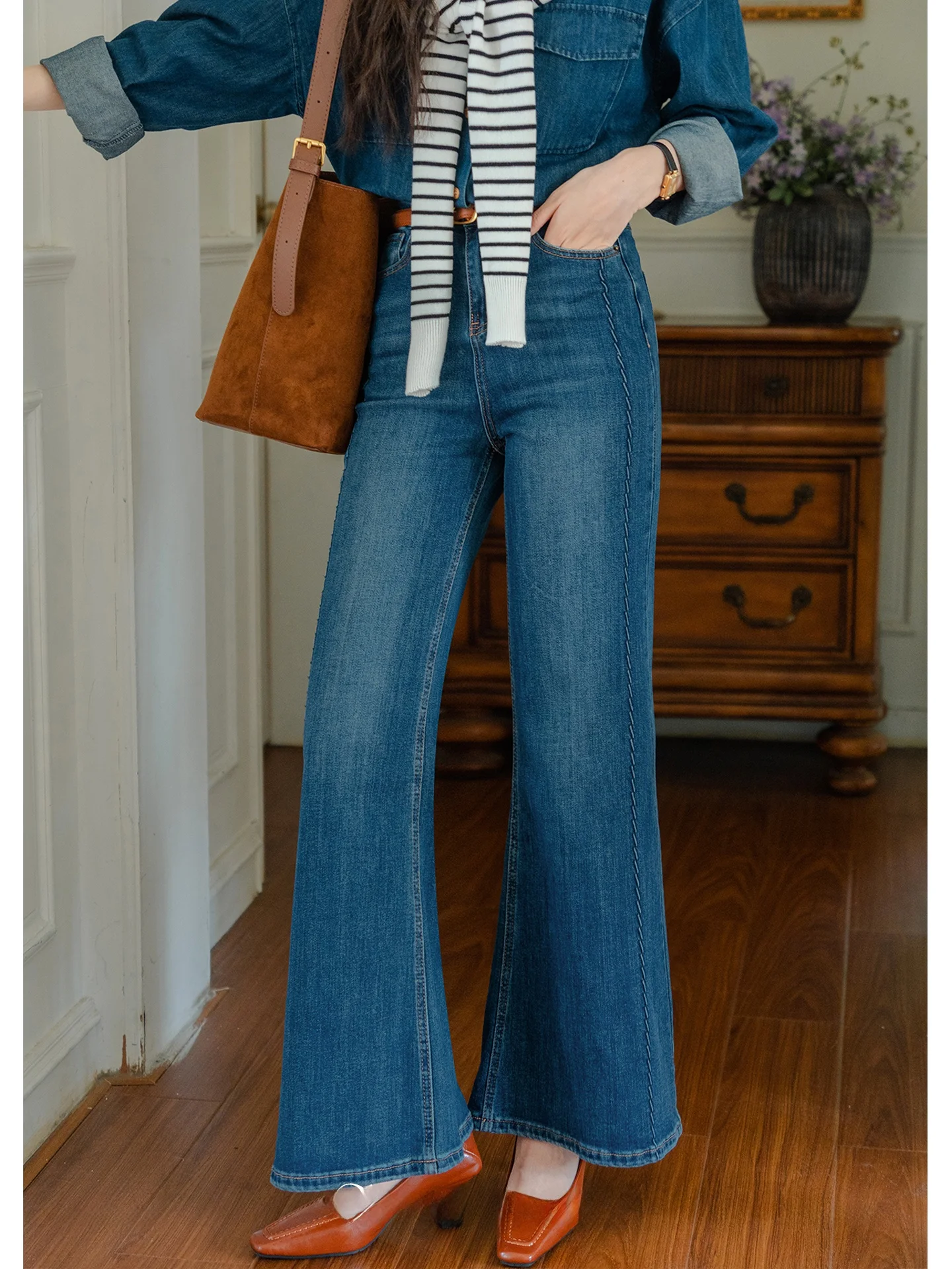 

Джинсы-клеш с высокой талией, темно-синие, женские, зимние, прямые леггинсы, утягивающие, маленький размер, французский стиль, джинсовые брюки