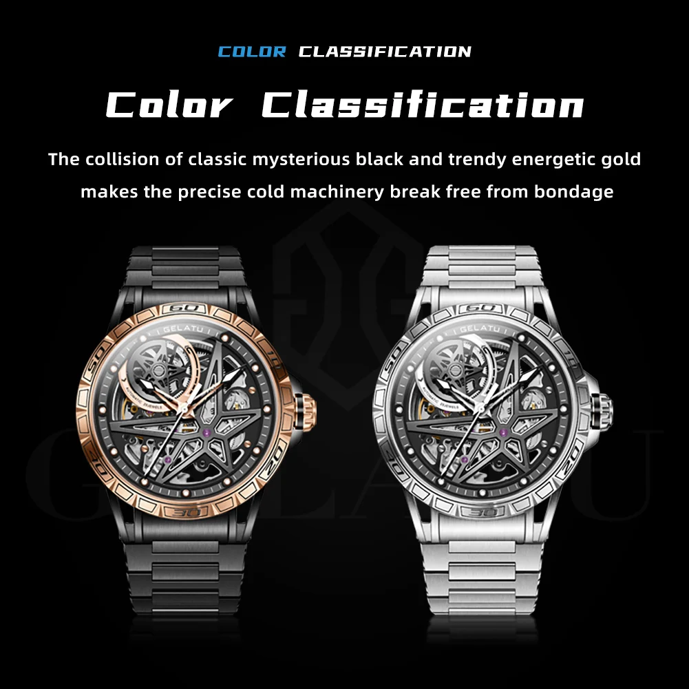 GELATU 6009 Top Luxury Brand Mechanical Watch for Men Skeleton Fashion Design HD Luminous Man Automatic Wristwatch