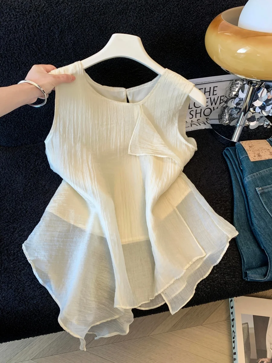 

Irregular Hem Sleeveless Shirt Women's Summer Outerwear High-End Design Breathable Polyester Fiber round Neck Top for Teens