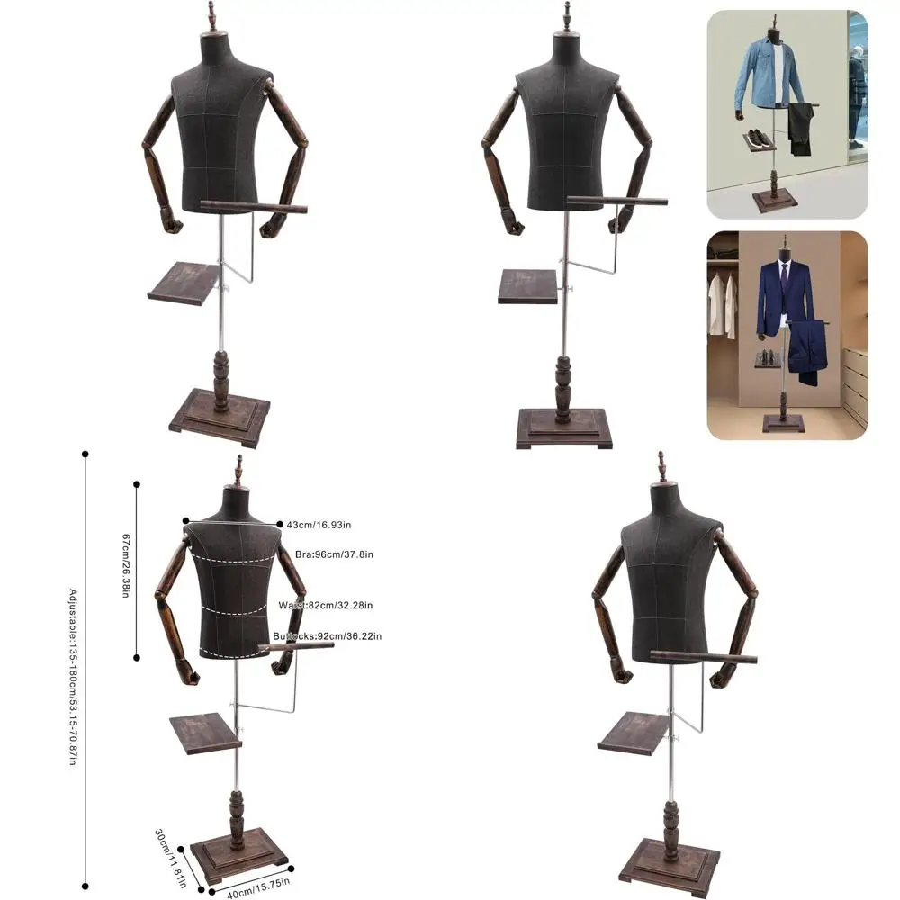 

Adjustable Male Mannequin with Stand, Wood Arm, and Shoe Rack for Men's Suits Display, 26.4 Tall (Black/Gray)