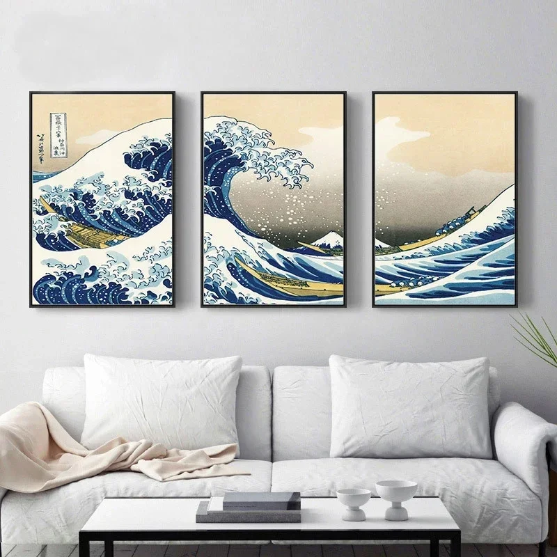 Japanese Traditional Wall Art Posters and Prints Oke Agawa Wave Custom Canvas Painting Home Decor Living Room 3 Panels