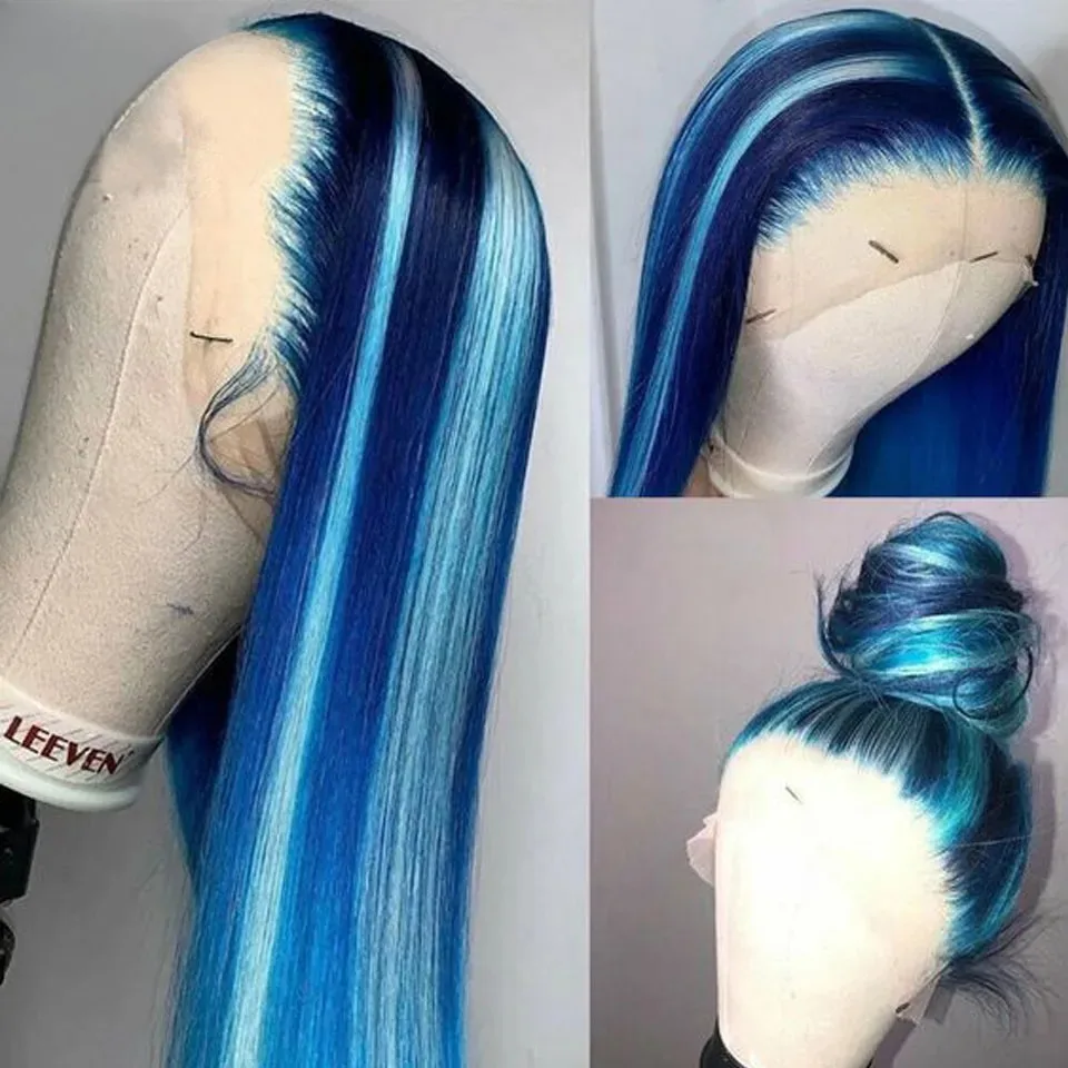 Highlight Ombre Blue Straight Lace Front Wig 13x4 HD Lace Frontal Wig Synthetic High Quality Heat Resistant Daily Wear Cosplay