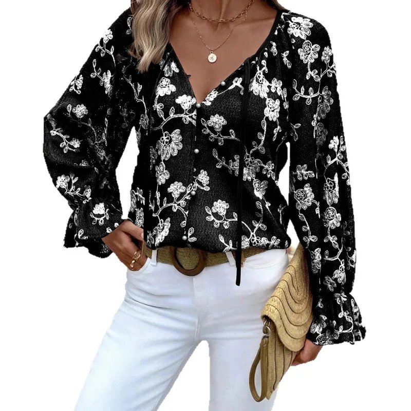 

Women's Jacquard Sweater Ladies' Temperament Hollow Embroidery Print Casual Long-sleeved V-neck Versatile Pullover