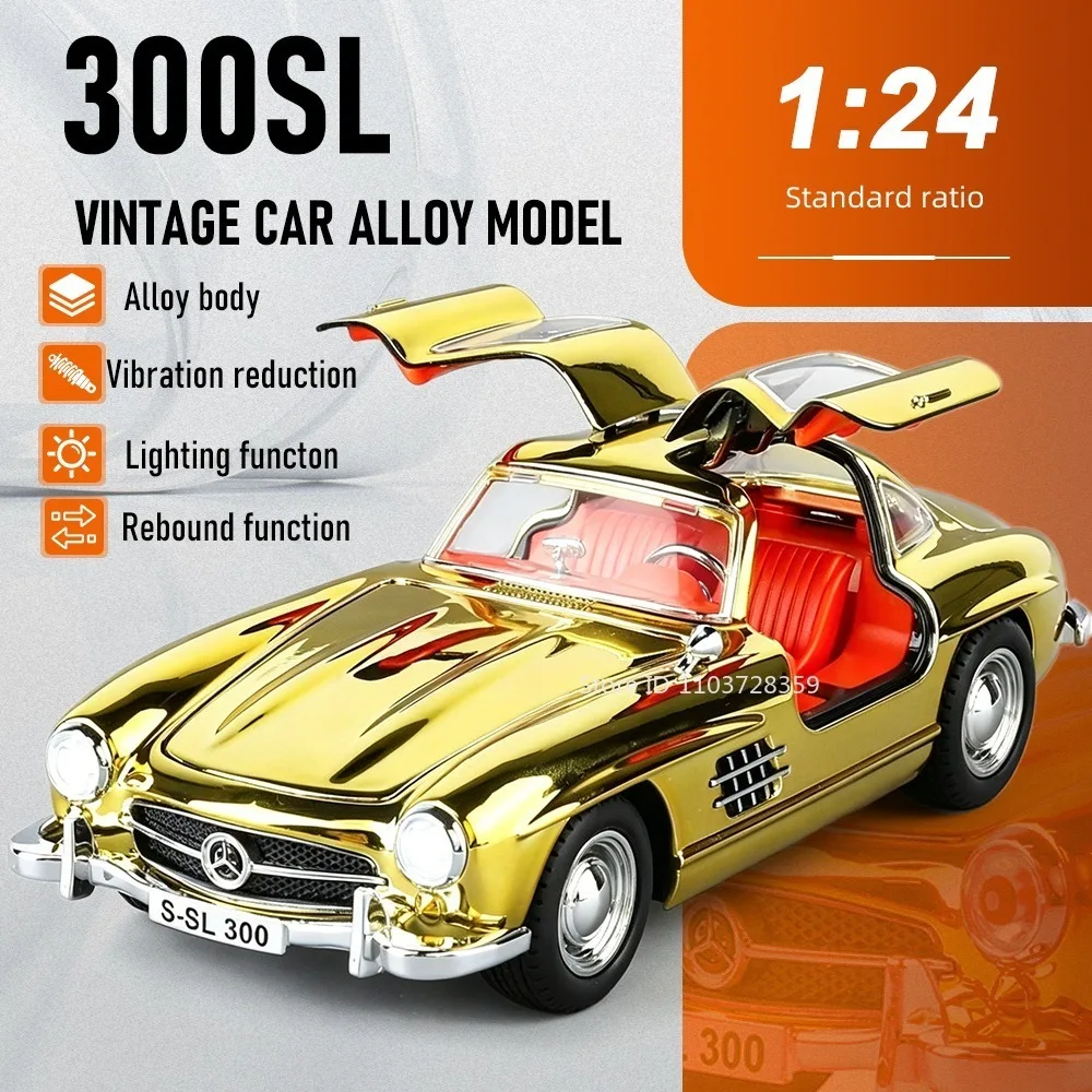

1:24 300SL Miniature Vintage Car Toy Models Metal Diecast Front Wheel Steering Sound Light Doors Opened Pull Back Ornament Cars