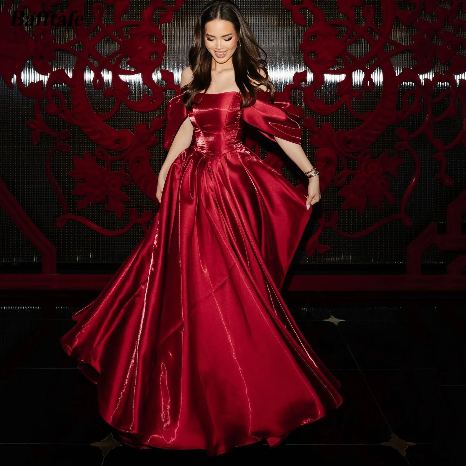 

Bafftafe Burgundy Shiny Liquid Satin Long Prom Dresses Customized Women's Formal Evening Dress Birthday Occasion Party Gowns