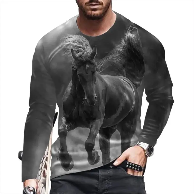 Spring And Autumn Fashion Men 3d Printed O Collar Long-Sleeved Animal Steed Pattern T-Shirt Personality Casual Plus-Size Top