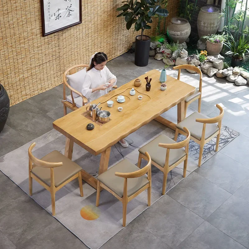 Solid Wood Coffee Table with Chairs Modern Light Luxury New Chinese Zen Kung Fu Tea Set Electric Stove Tray Simple Design