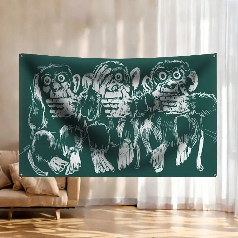 Tropical Monkey Trio Wall Tapestry Banner Hanging Decor Jungle Animal Print Boho Safari Safari Decor Art Poster for Bedroom Livi