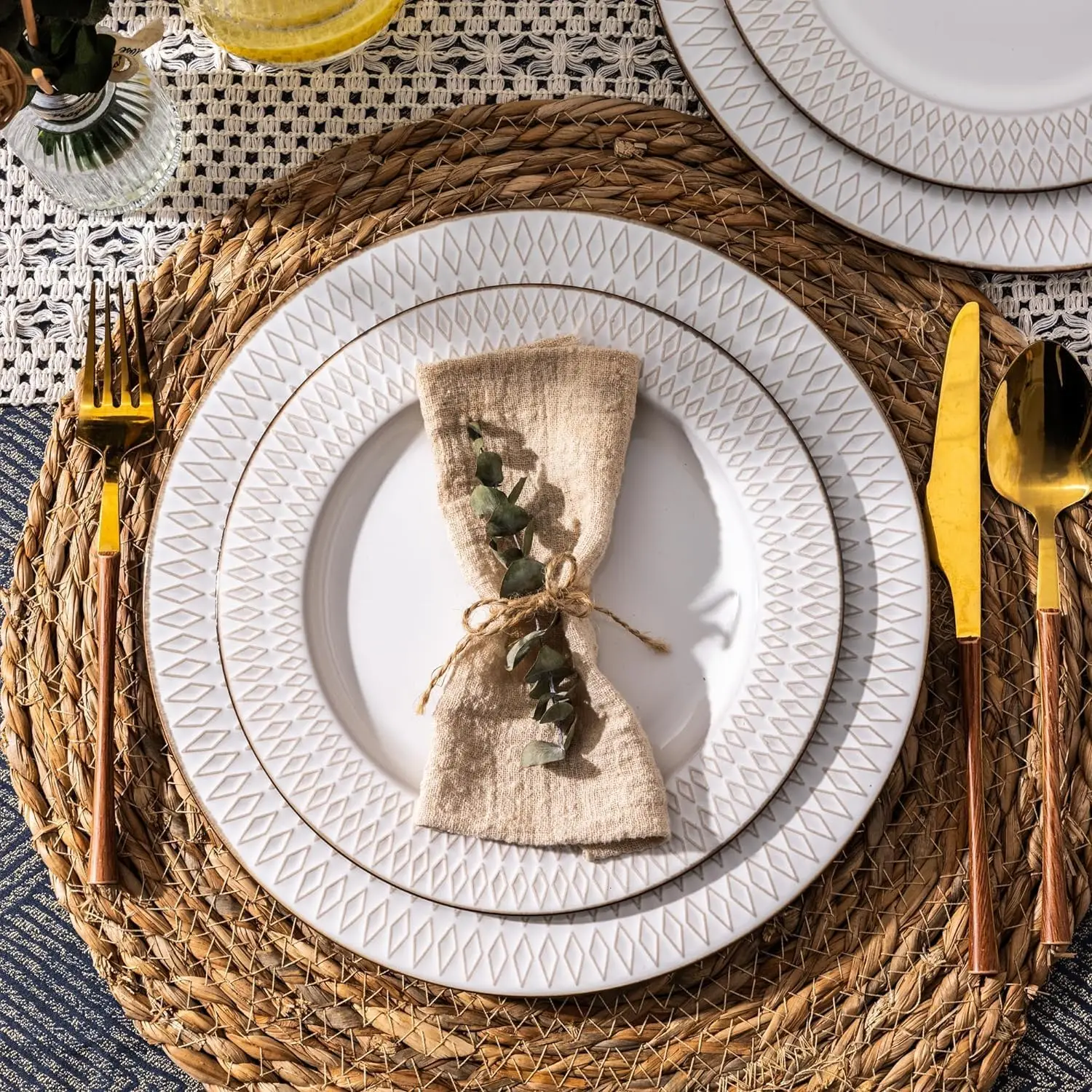 أطقم أواني طعام من السيراميك، 18 قطعة من الألواح والأطباق الحجرية الأنيقة المنقوشة، هدية زفاف هووسورمينغ |   غسالة الصحون وميكرو