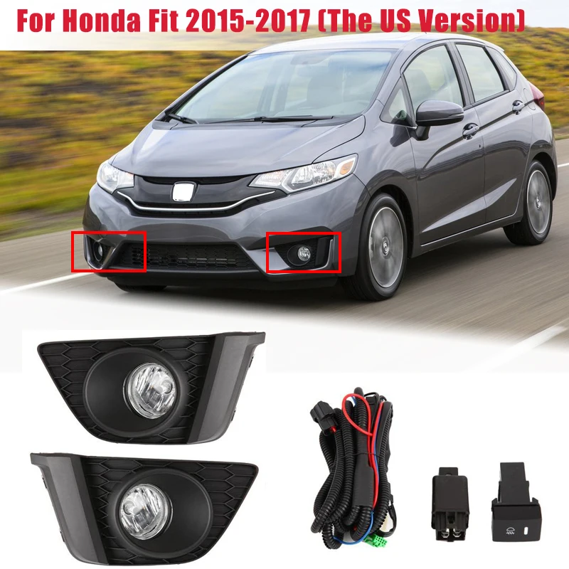 Car Fog Lamp for Honda Fit 2015-2017 (US Version) Front Bumper Driving Grill Fog Light Cover w/ Bulbs+Harness Switch Wiring KIT