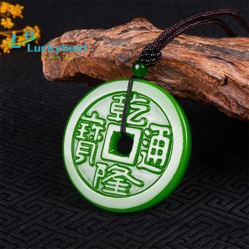 

Зеленый нефрит, медная монета, кулон, резной жадеит, драгоценный камень, натуральный китайский женский ожерелье, очаровательные ювелирные изделия, подарки, модный амулет