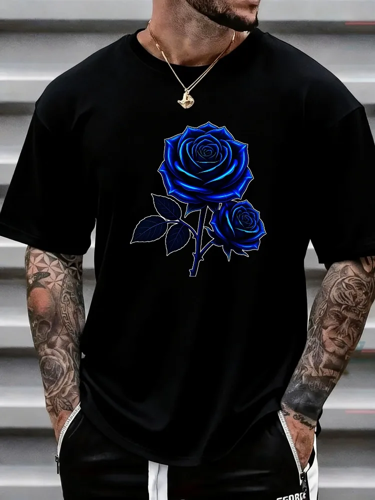 Men Summer Cotton Short Sleeve T Shirt Glowing Dark Blue Rose Flower Print Crew Neck Retro Goth Street Casual Male Tee
