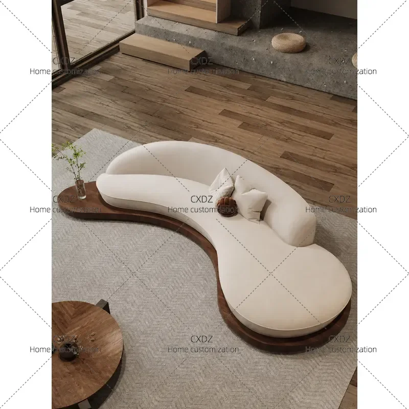 Curved Special Shaped Sofa Solid Wood Floor Wabi Sabi Style Small Apartment Bed and Breakfast Rest Area Reception Furniture