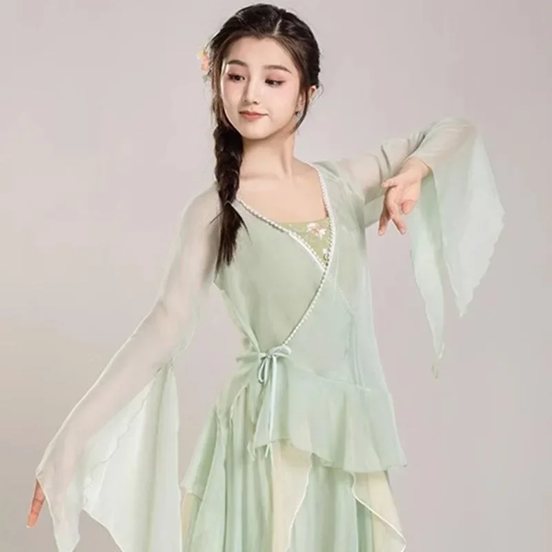 Dance Practice Dress Body Rhyme Gauze Dress Spring Summer Long Sleeve Performance Dress Chinese Dance Dress Set Female