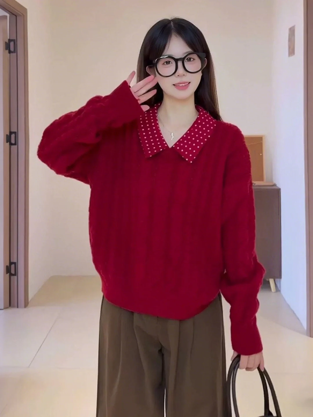 

New Year Red Polka Dot Collar Thiened Knitted Sweater Women's Spring Autumn Faion Korean Sle Regular Fit Long Sve