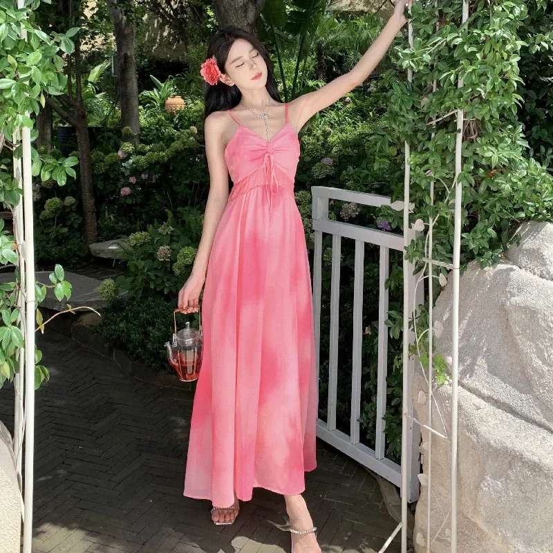 

Holiday Style Sling Dress for Women 2023 Backless Pink Vacation Summer Casual Lady Sundress Lace Up Lolita Long Chiffon Clothes