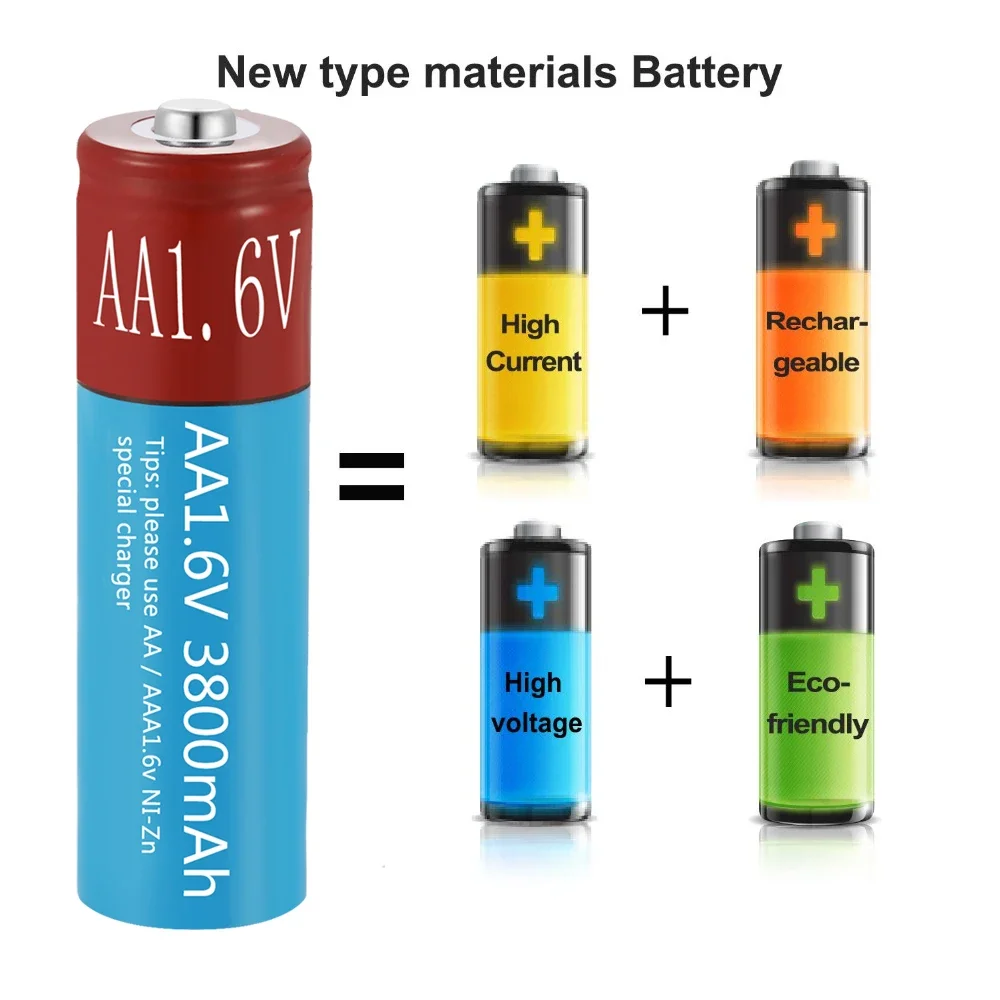 AA Rechargeable Battery Ni-Zn 3800mAh 1.6V NiZn Battery for toys MP3 Solar Lights Digital Camera MP4 RC car with USB Charger