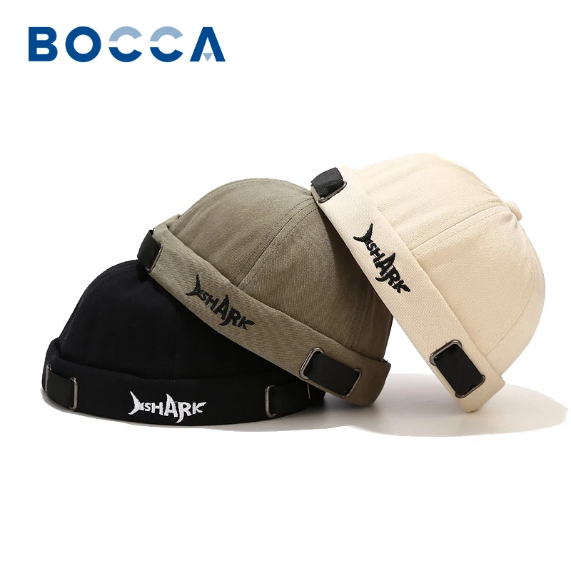 Gorra Docker Bocca sin Visera con Bordado de Letra de Tiburón, Gorro Ajustable Tipo Beanie, Gorra de Moda de Color Sólido