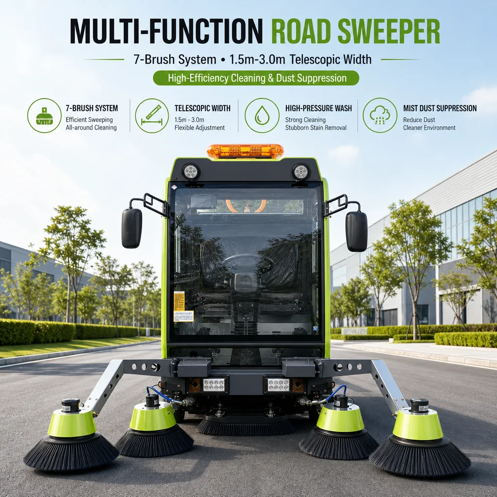 48V Electric Road Sweeper Truck 7-Brush Ride-On Street Cleaner with High Pressure Water Spray Gun and Dust Suppression Mist