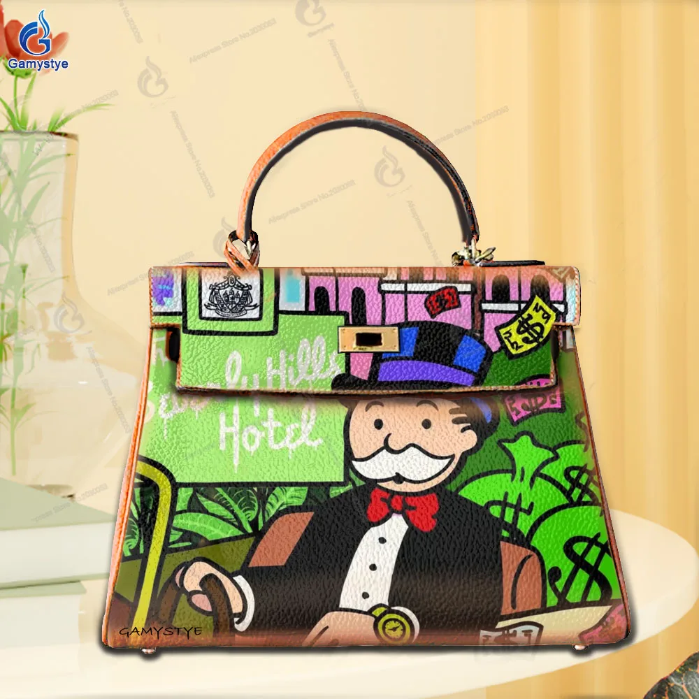 

Women Bags Top-Handle Bags Cross Body Bags Bolsas Marcas Street Art Cartoon Character Print Soft Cow Leather Hand Drawing Art Gr