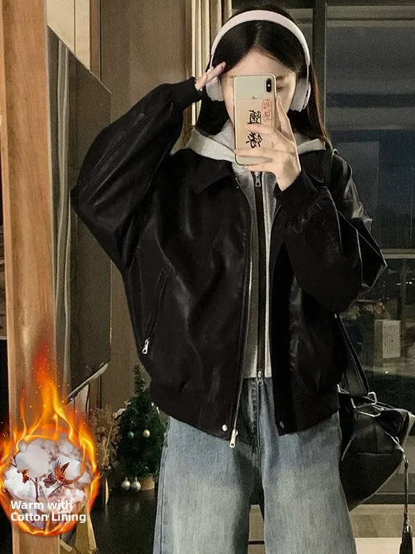 

Женское осенне-зимнее свободное хлопковое пальто из искусственной кожи с капюшоном на хлопковой подкладке больших размеров, модное свободное мотоциклетное хлопковое пальто