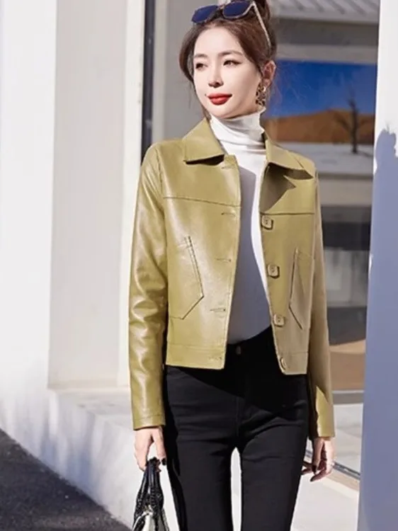 Elegancka kurtka ze skóry ekologicznej damska, dopasowany krój, jesienna nowość, skóra PU z Haining, ozdobne guziki, styl dojazdowy...